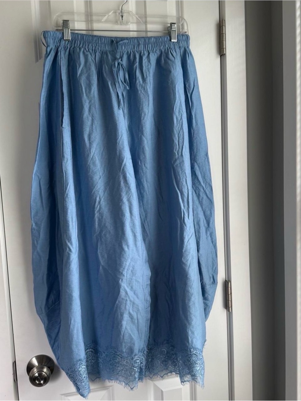 Anthropologie Sky Blue Wide-Leg Drawstring Pants with Lace Hem - Picture 3 of 7